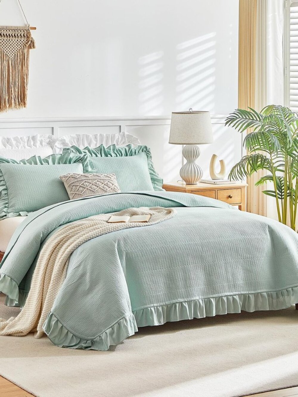 Sage Green Ruffle Quilt Set Twin Size, 2 Pieces Shabby Chic Farmhouse Striped